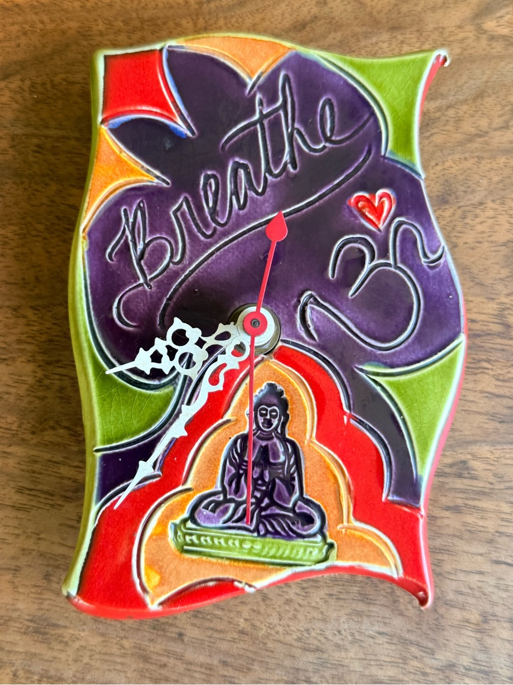 Vintage handmade Monique Hilfer pottery ceramic Buddha hanging wall clock